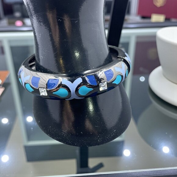 Blue Enamel Silver Clamp Bracelet Geometric Retro Art Deco Statement Jewelry - Picture 1 of 7
